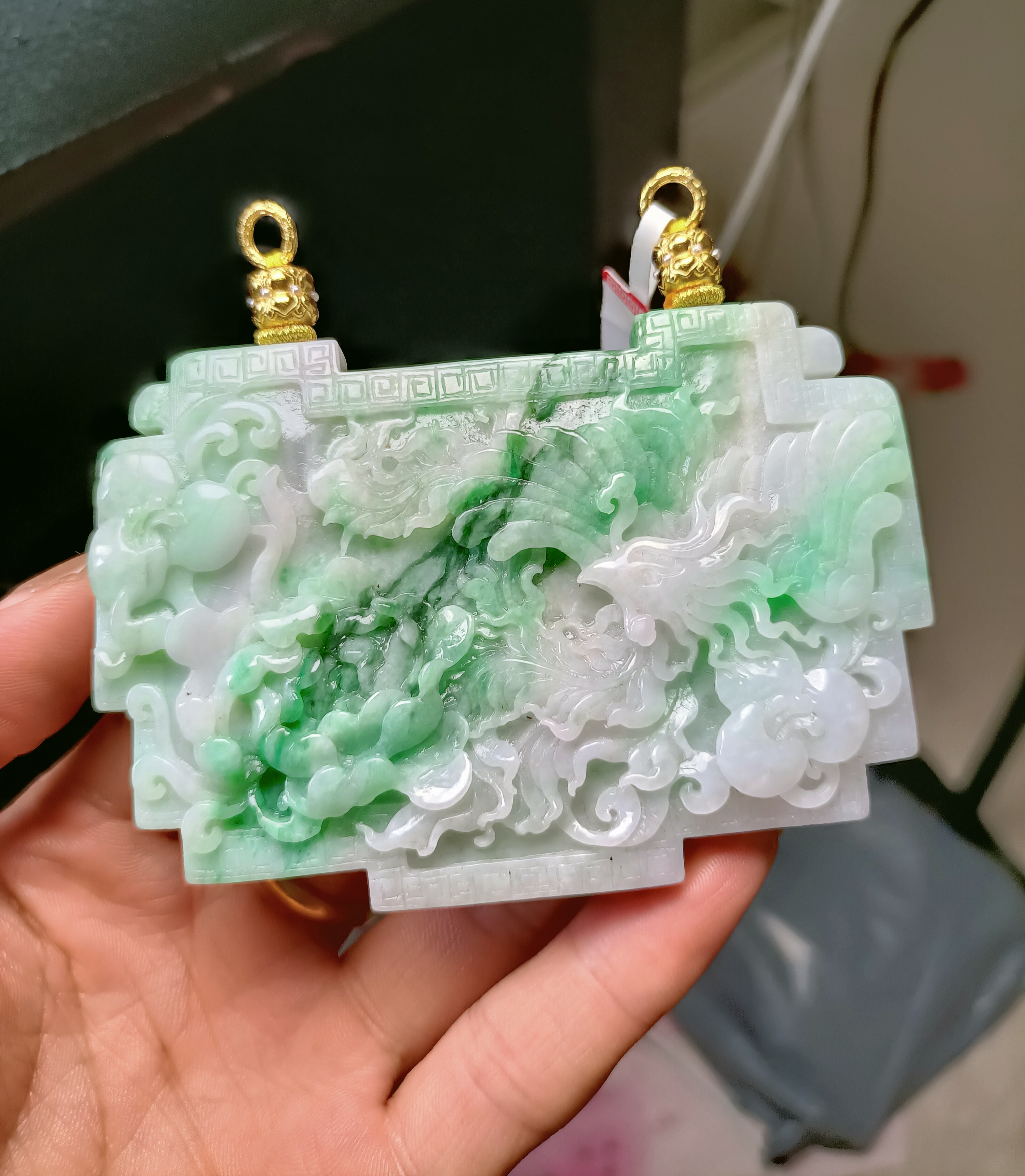 天然翡翠A货吊坠凤穿牡丹