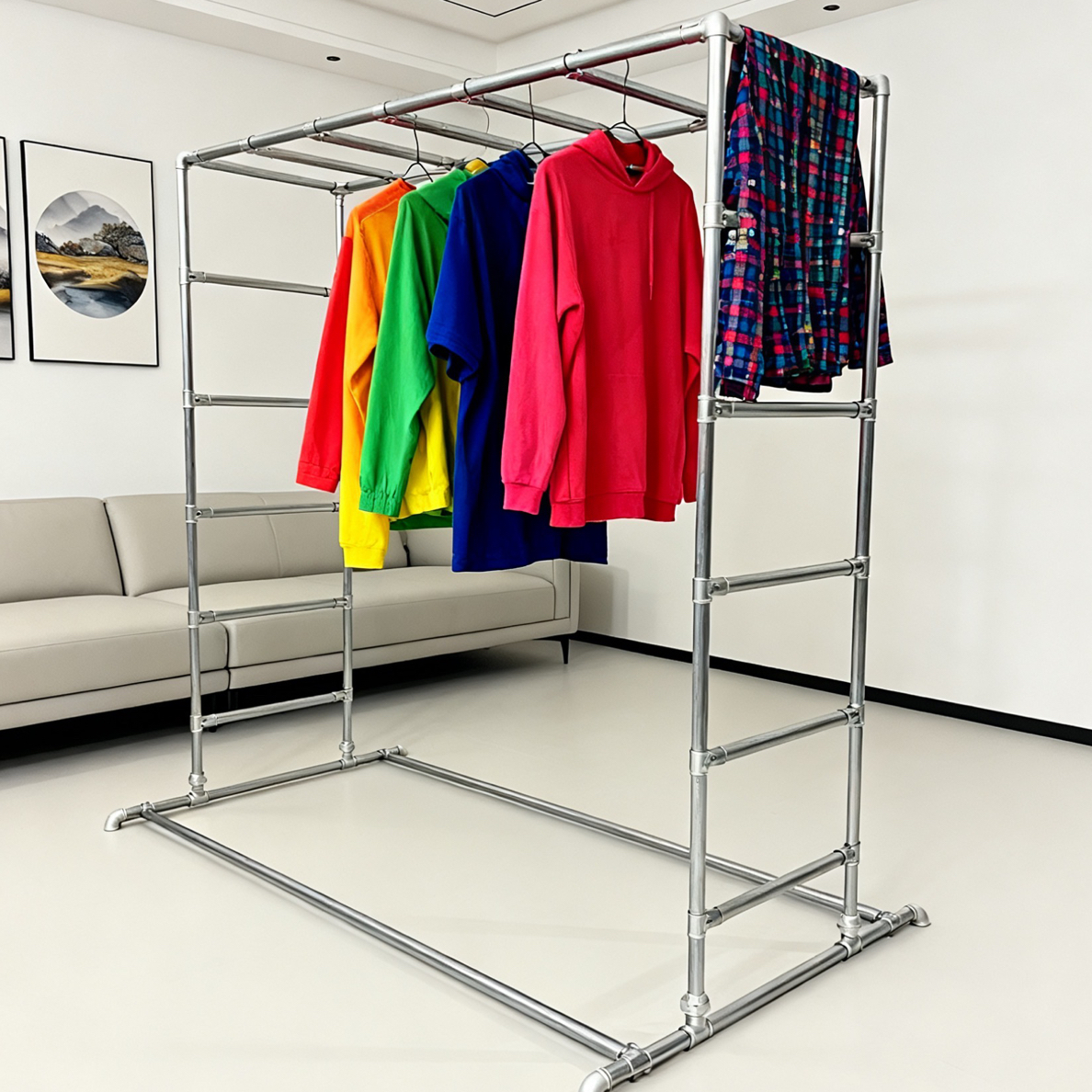 定制加粗钢管晾衣架镀锌落地阳台室外卧室双杆加厚立式简易衣架子