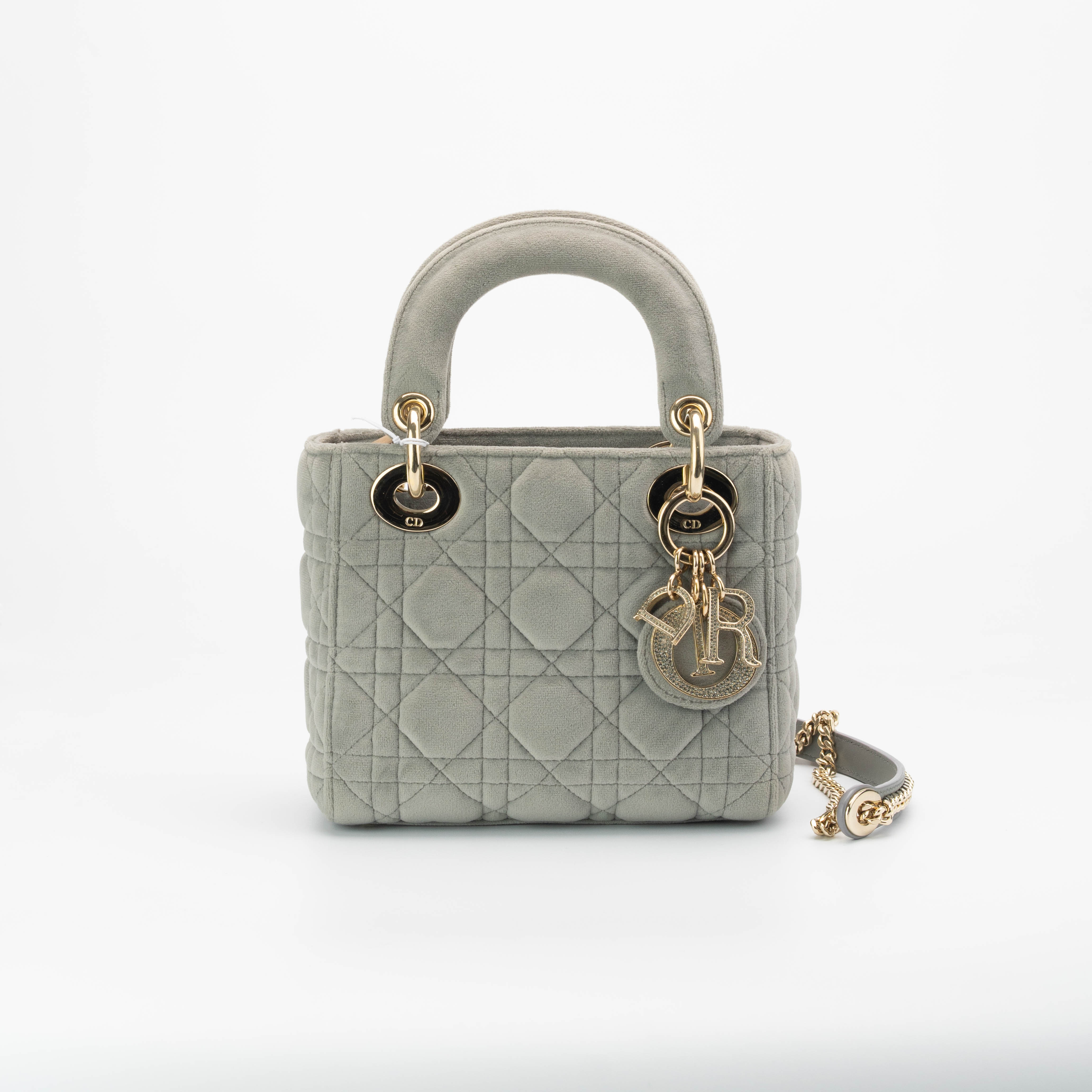 99新 DIOR/迪奥 Dior丝绒戴妃包灰色经典三格设计457迪奥包包