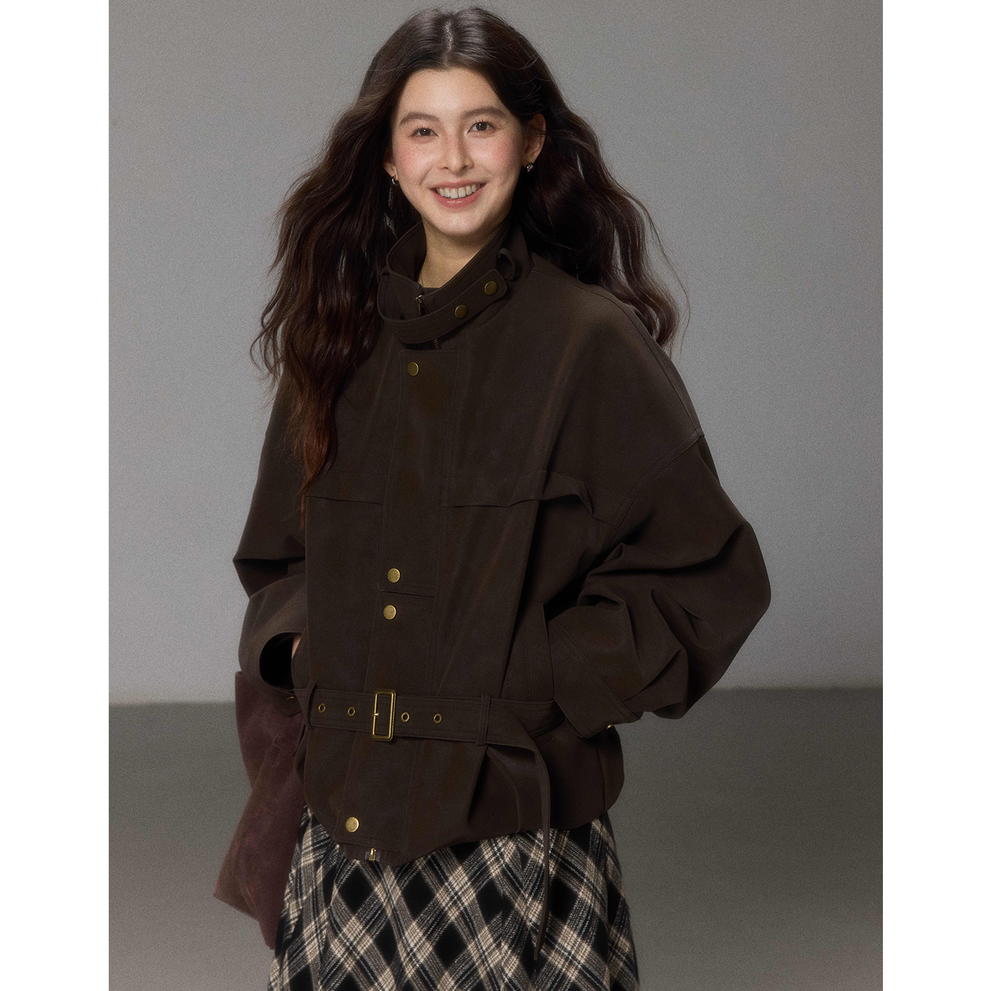 贰羊设计【冬羁】复古立领晕染面料夹克女宽松短款秋冬季间棉外套