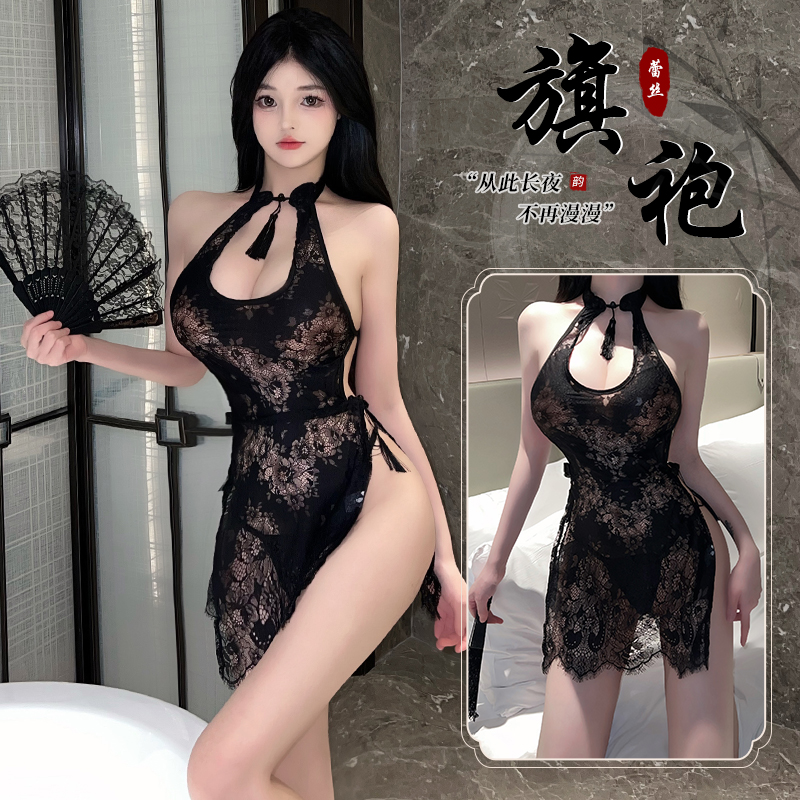 【体温公式】性感蕾丝旗袍美背黑色复古修身气质睡裙