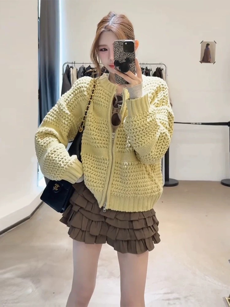 【运补】韩系圆领复古粗线拉链毛衣开衫女冬加厚2025新款毛线衣外套