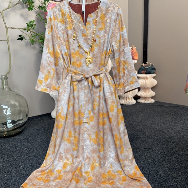 3506【香槟色】V领宽松遮肉显瘦连衣裙