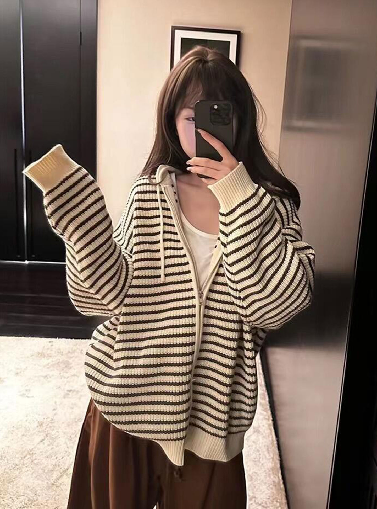 慵懒风连帽条纹针织开衫女秋季爆款韩版宽松百搭加厚上衣毛衣外套