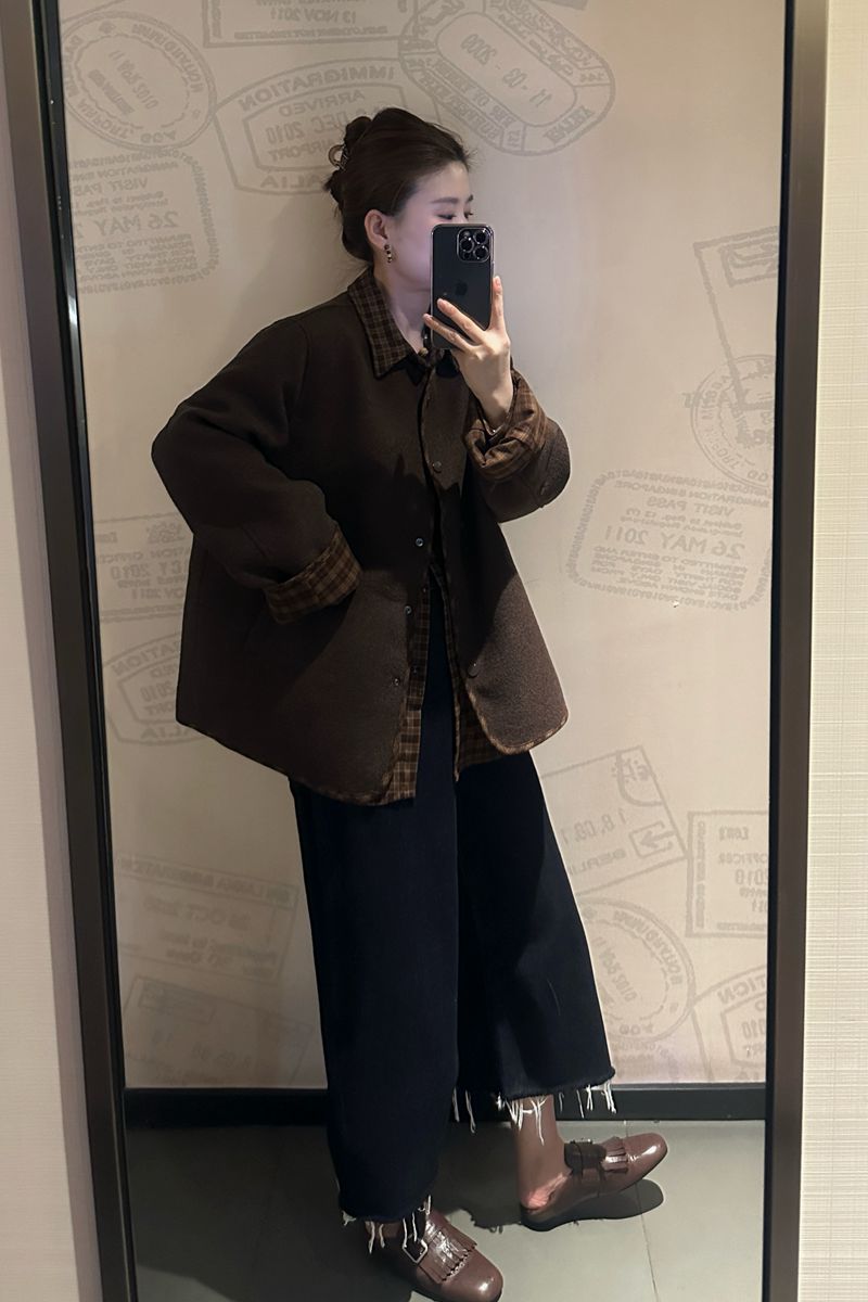 2025年秋季新款圆领两面穿内拼格香风宽松加厚休闲气质外套