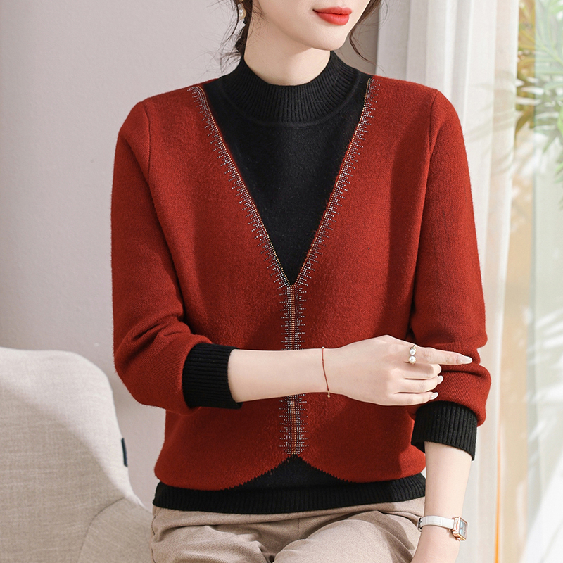 时尚年轻妈妈假两件针织衫毛衣秋冬季新款女士绒毛一体上衣打底衫