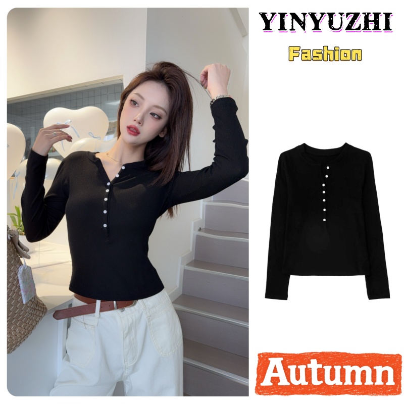 YINYUZHI/吟雨枝早秋上衣半开领修身早秋季显瘦气质长袖秋装9223