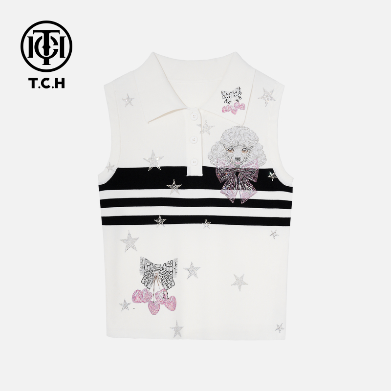 TCH私服秋款烫钻休闲简约小绵羊蝴蝶结T恤女T75C09E5002轻奢tch