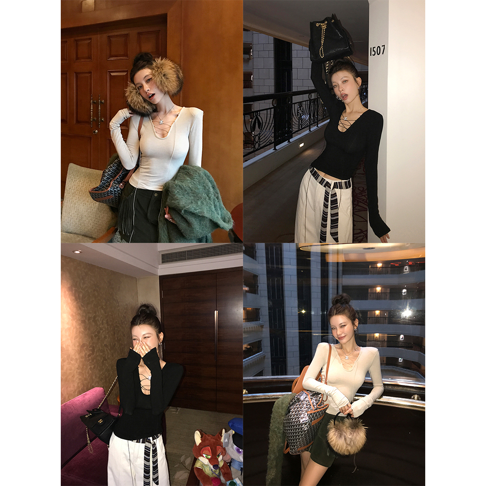 【洛可甜妮】V领系带内搭打底T恤含羊毛4603