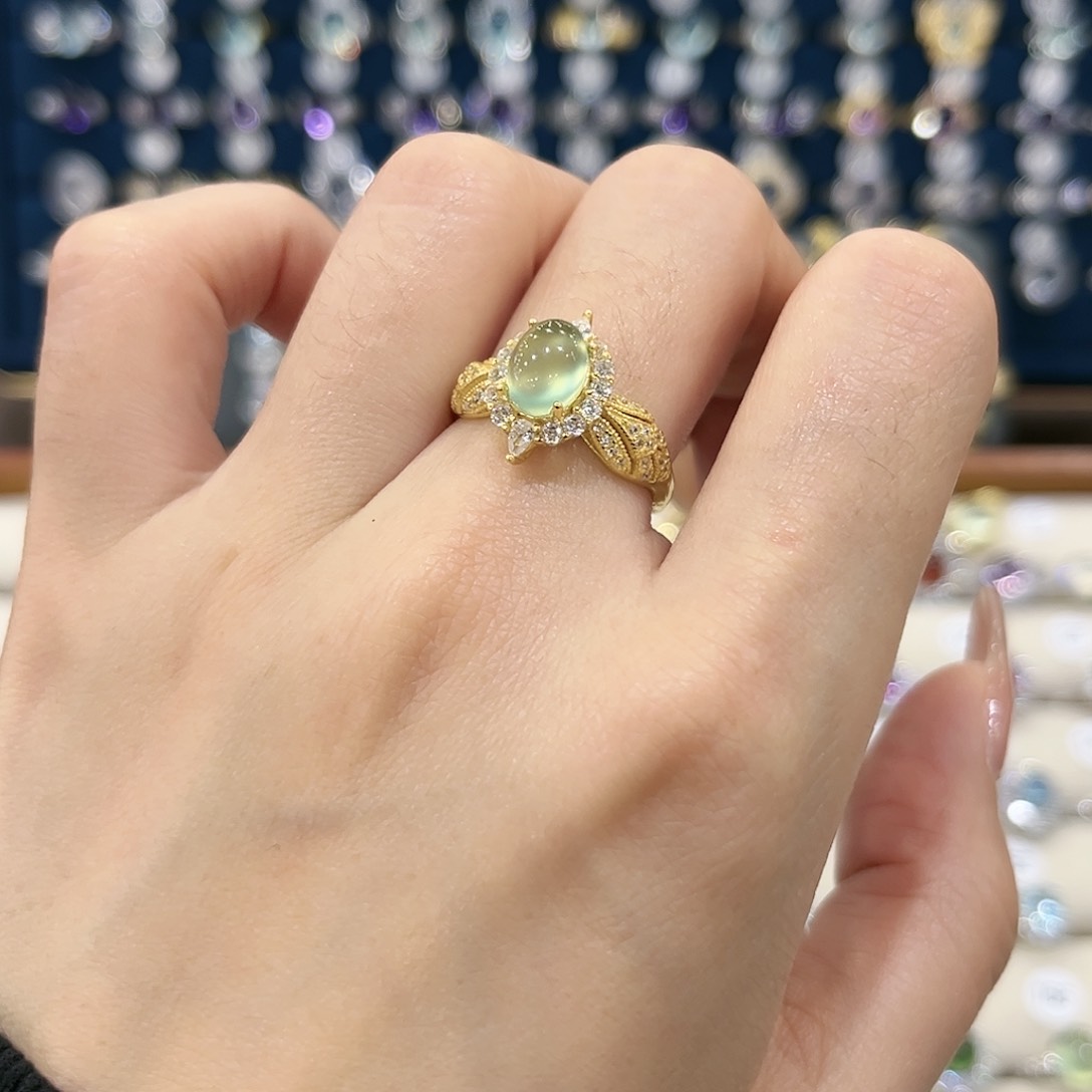 蛇纹石玉女款银S925镶嵌戒指