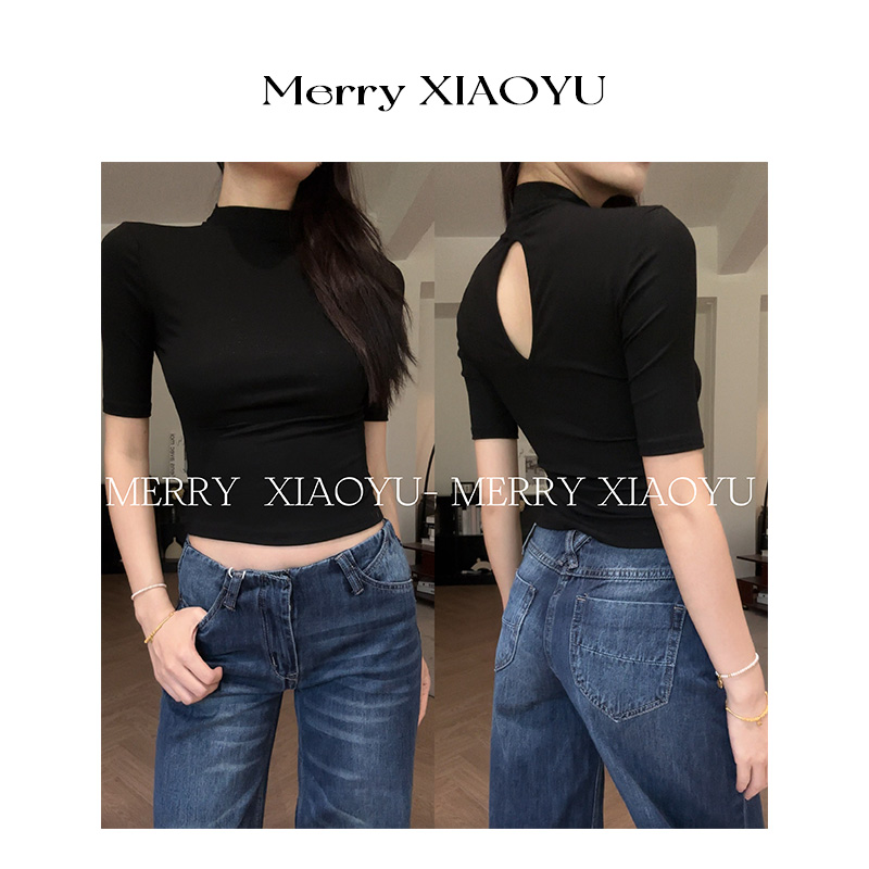 【小鱼】辣妹镂空中袖设计感显瘦黑色短款百搭洋气上衣性感