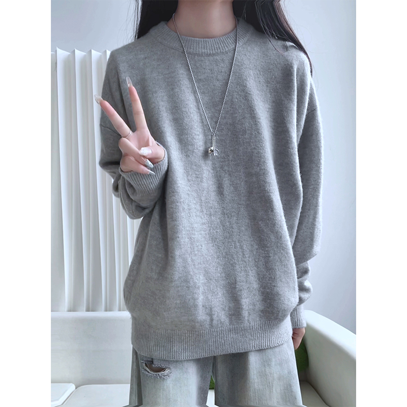 美式休闲基础款灰色毛衣男女秋冬高级感圆领内搭针织衫宽松打底衫