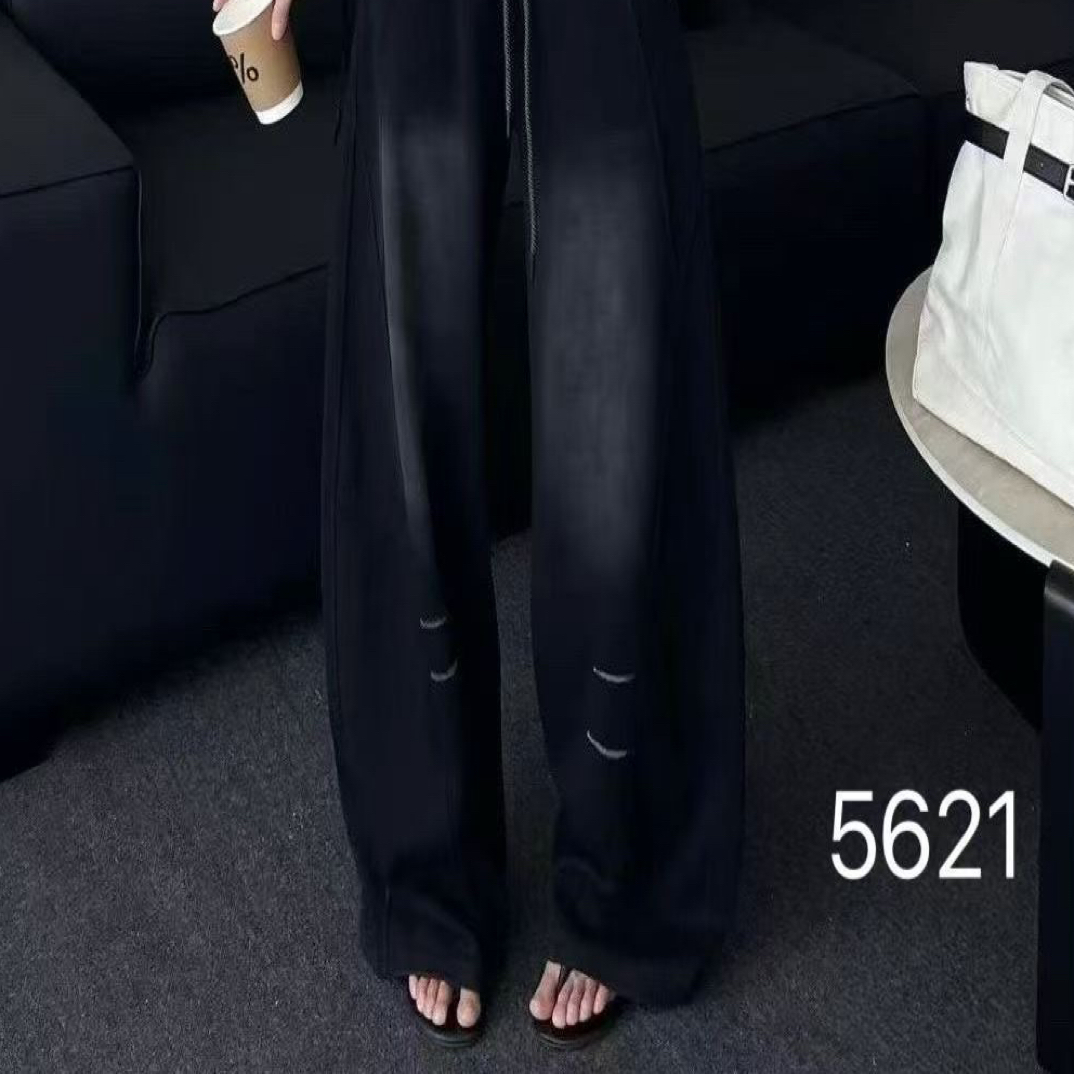 秋季新款水洗扎染高腰显瘦宽松直腿弯刀女裤黑色