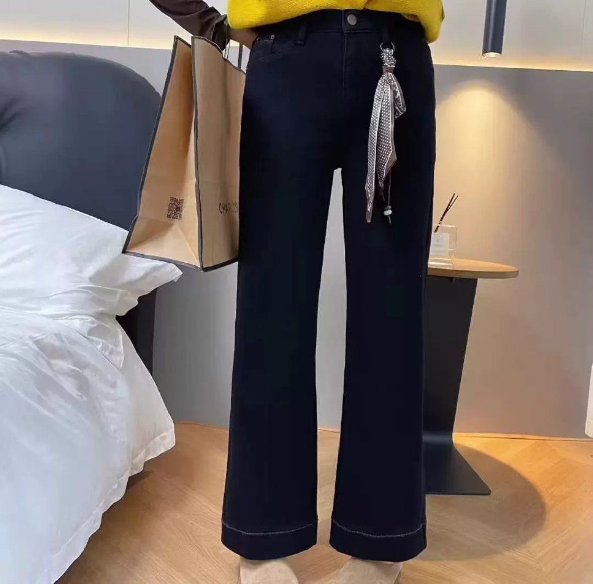 冬季高腰配丝巾腰带显瘦窄版加绒直筒裤时髦牛仔裤50958#裤长98