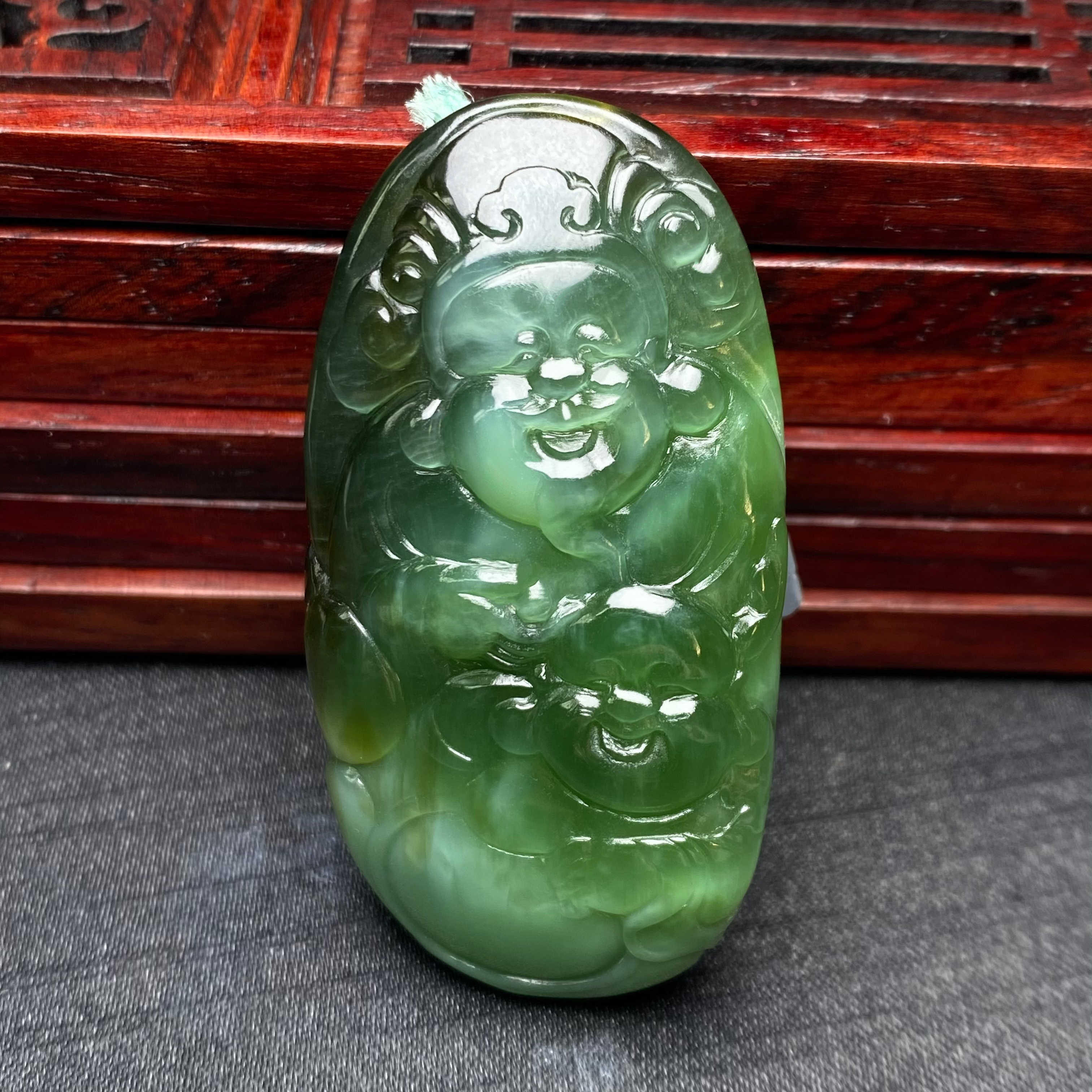 【迈越珠宝】天然和田玉碧玉才子佳人绿猫吊坠财神弥勒佛猫眼吊坠