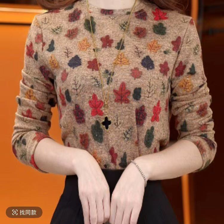 加绒秋冬气质长袖圆领打底衫显瘦女上衣百搭圆领宽松复古时尚上衣