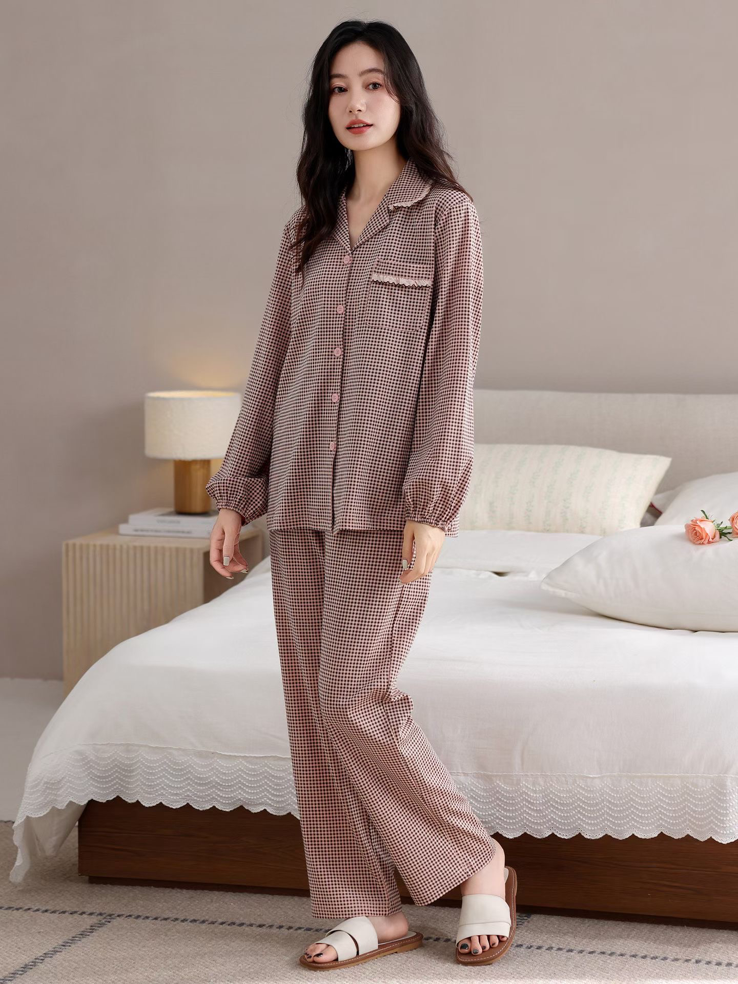 82049粉咖小格子5A抗菌消毛拉架棉秋冬装家居服