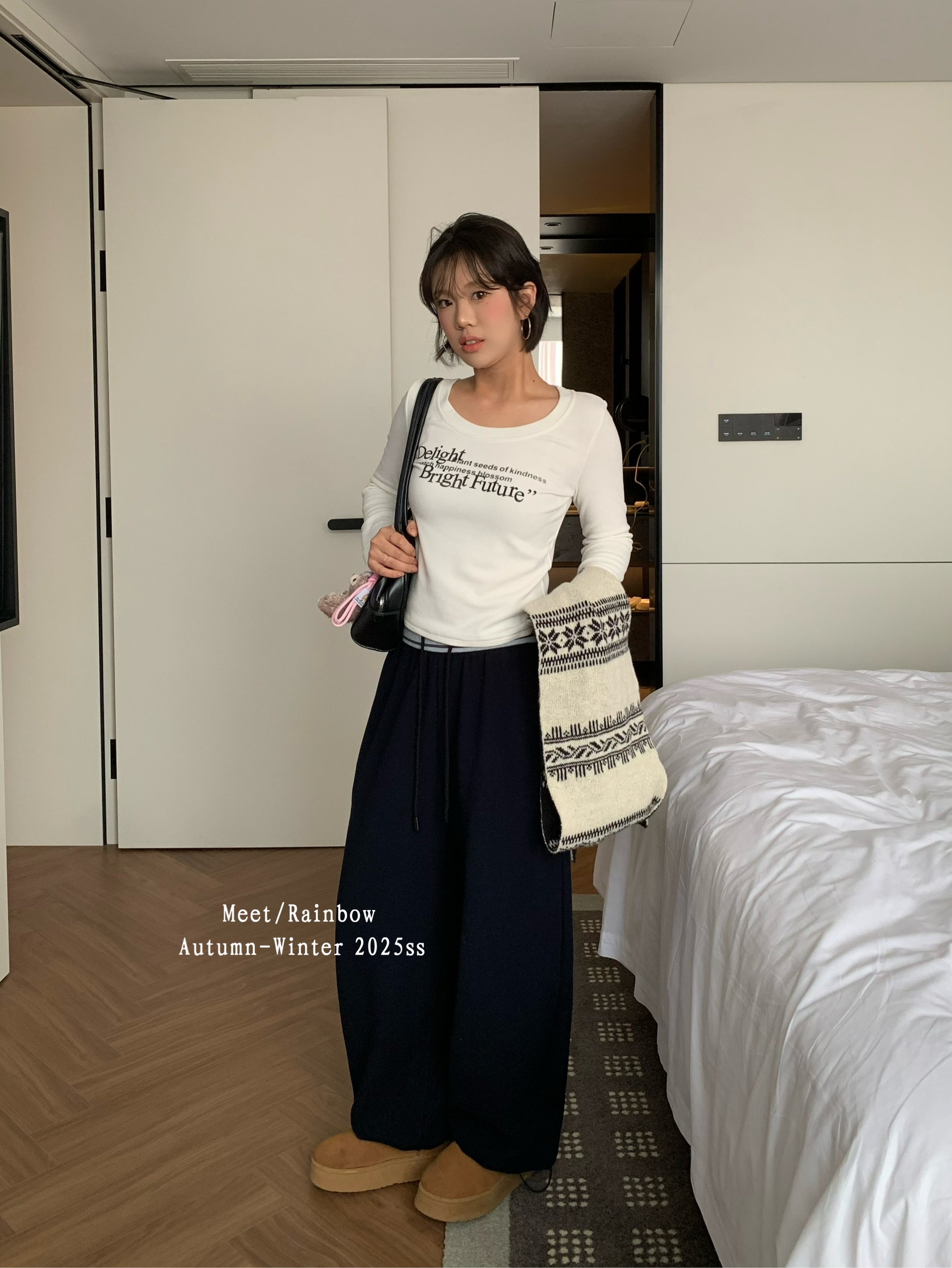 Rainbow-05539#韩系高腰撞色显瘦抽绳阔腿休闲裤