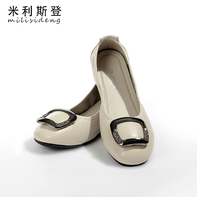 妈妈穿舒适胶粘防滑圆头耐磨浅口真皮单鞋平底休闲皮鞋高跟软底