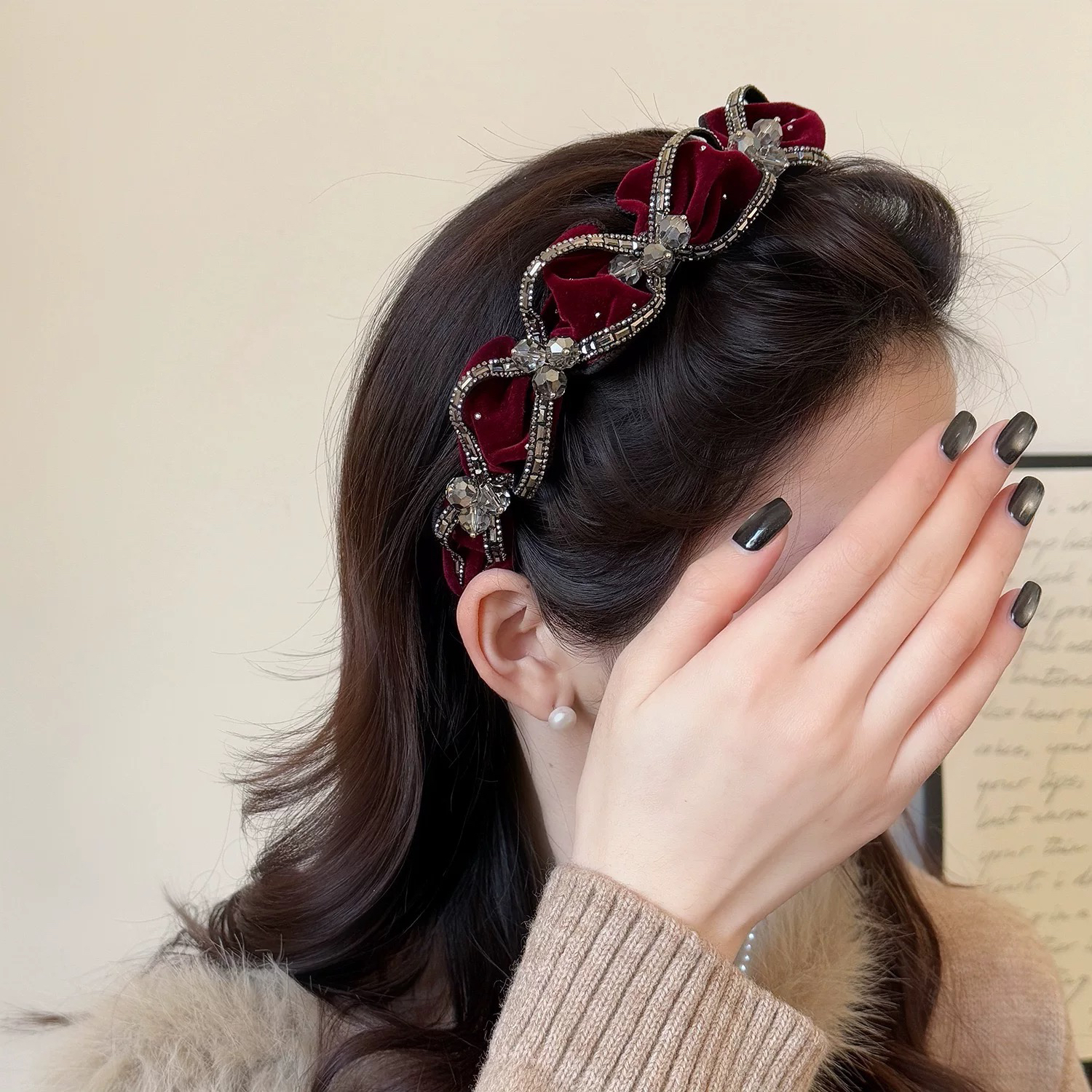 新款高级感带齿防滑波浪丝绒发箍女增高颅顶显发量头饰