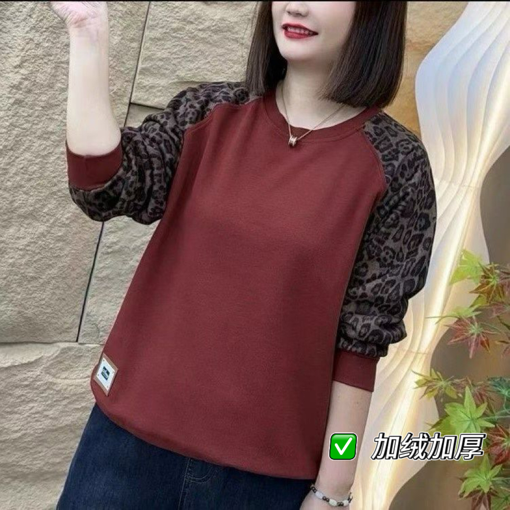 春秋冬新款时尚圆领豹纹擦肩袖拼接时尚减龄宽松休闲洋气长袖卫衣