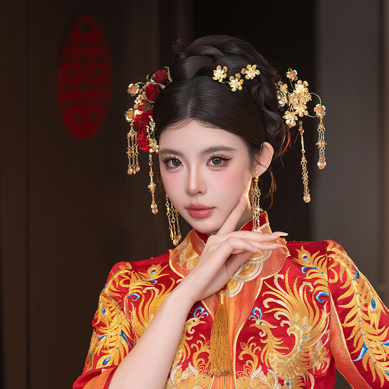 G211新娘头饰简约凤冠霞宫廷古风奢华流苏新娘结婚婚庆发饰一整套