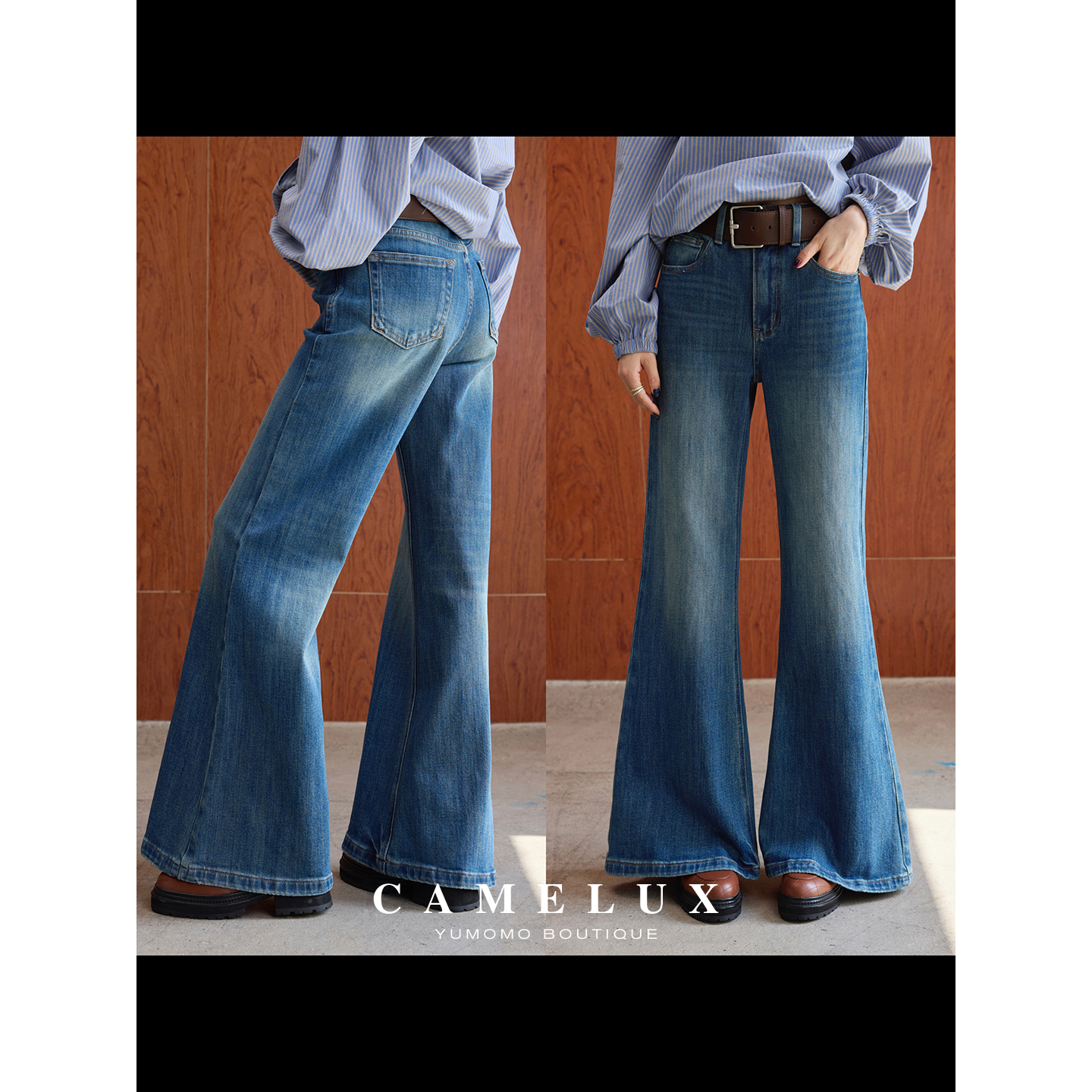 90S魔法喇叭裤 环保染色 配腰带！复古水洗显瘦微喇牛仔裤 QKA3068