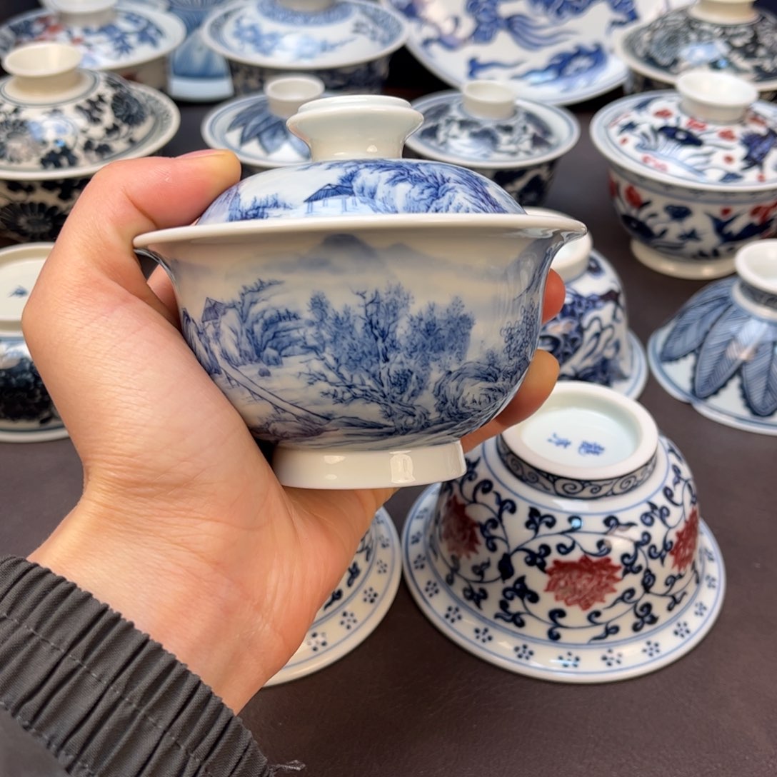 景德镇青花文人雅器山水盖碗