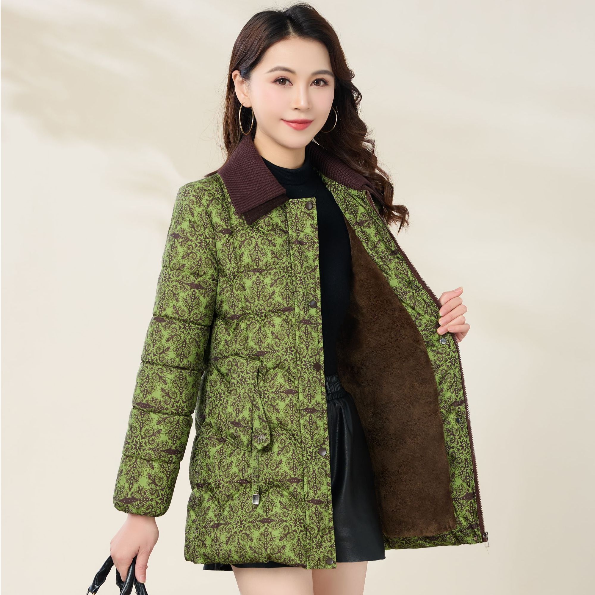 01冬季新款加绒加厚中长款格子棉衣棉服中老年保暖修身棉袄外套