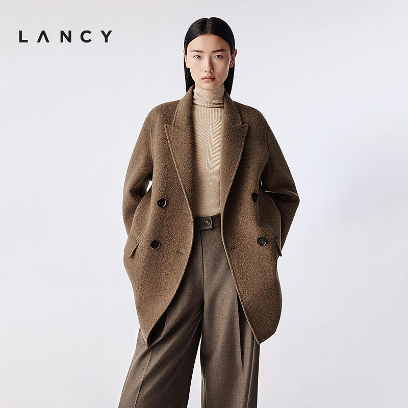 【100%羊驼毛】LANCY/朗姿2025冬新款老钱风双面呢西装领廓形大衣
