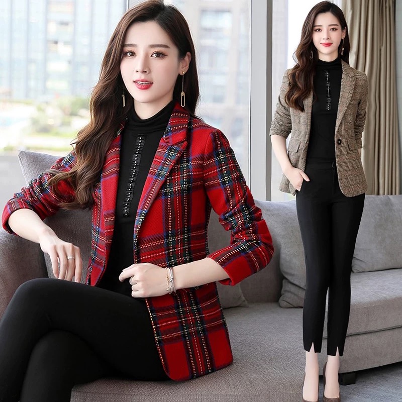 5948 GZ七楼外套春秋新款修身秋冬装时尚百搭格子西服上衣短