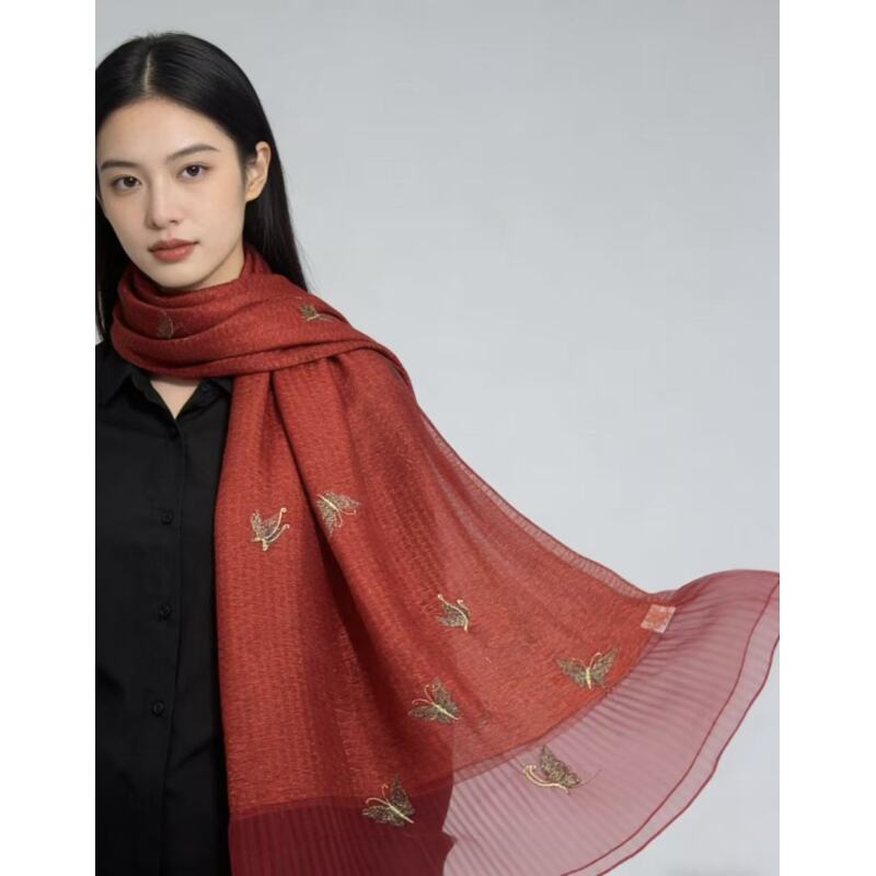 红色蝴蝶 新中式国风 刺绣围巾175*75左右