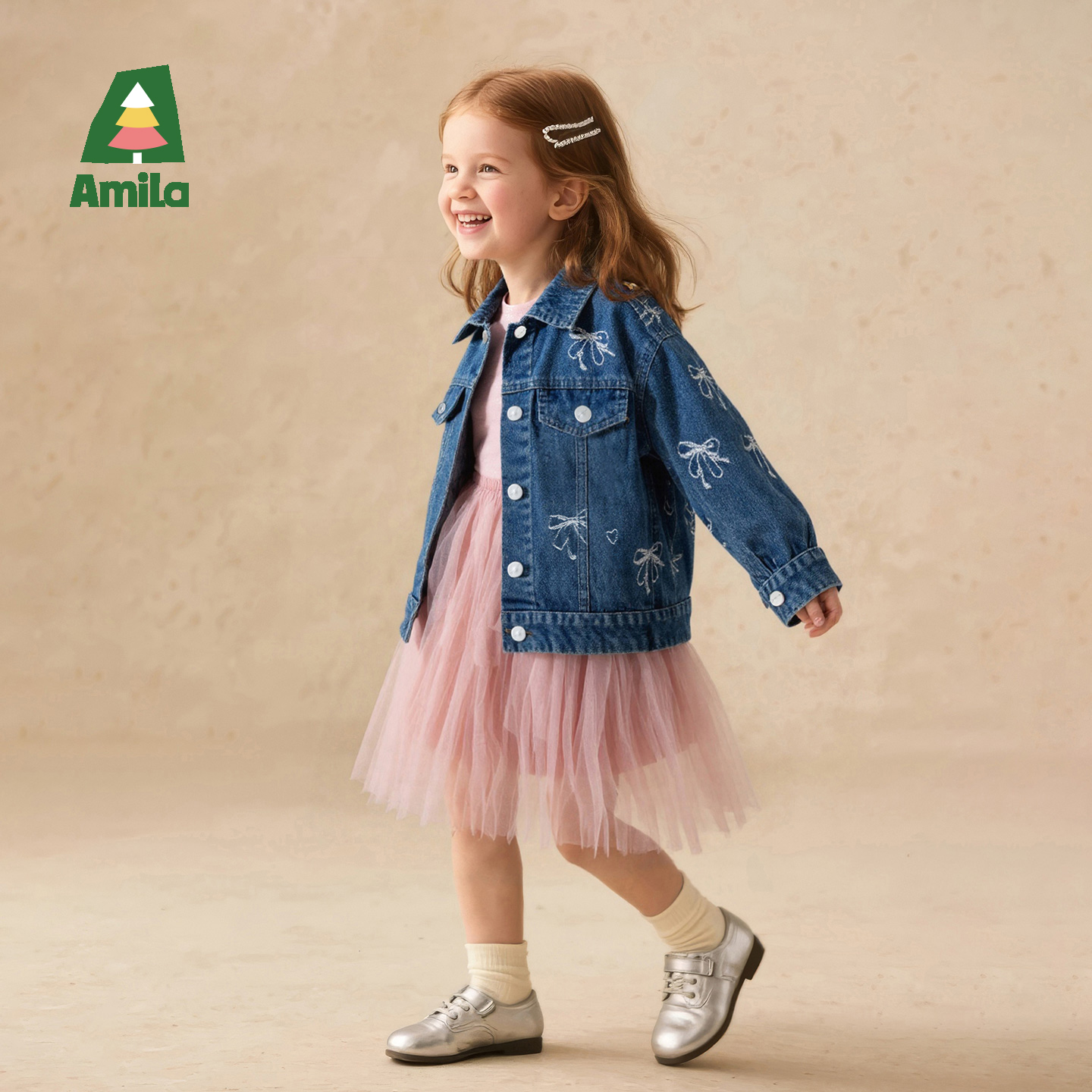 Amila秋季时尚洋气蝴蝶结女童牛仔外套秋季上衣XQ5WT469