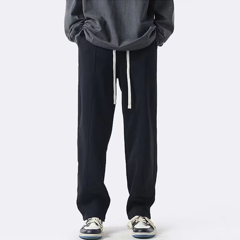 黑色卫裤男垂坠感直筒宽松高街男士中腰潮流休闲长裤子