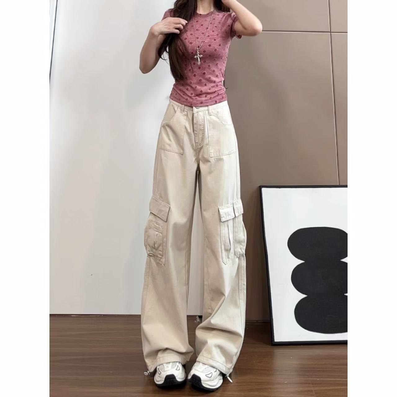 【松弛漫游者】美式复古多口袋工装裤女高街宽松显瘦长裤-K3077
