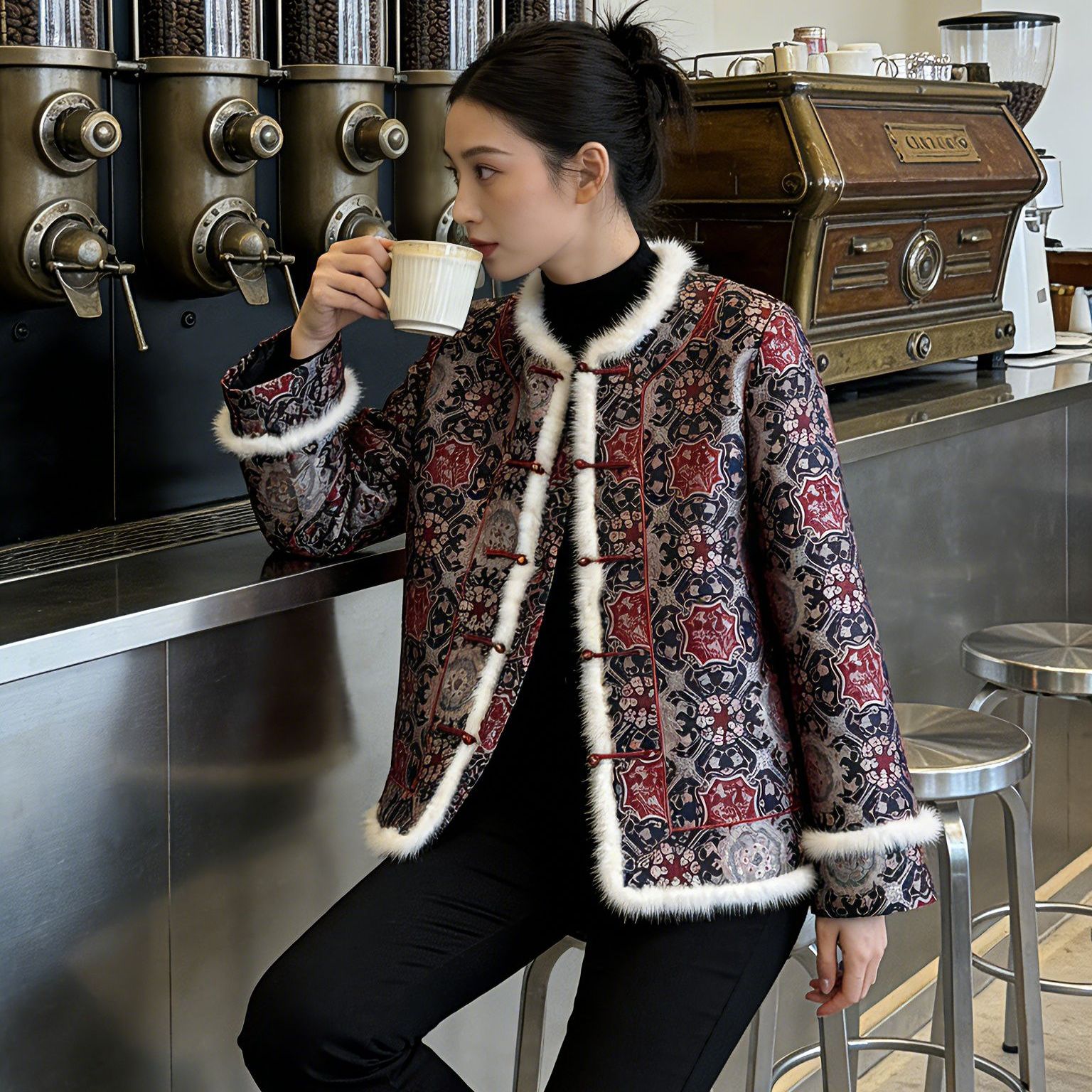 【落雪】冬季新款宝相花纹蜀锦时尚国风新中式百搭夹棉外套
