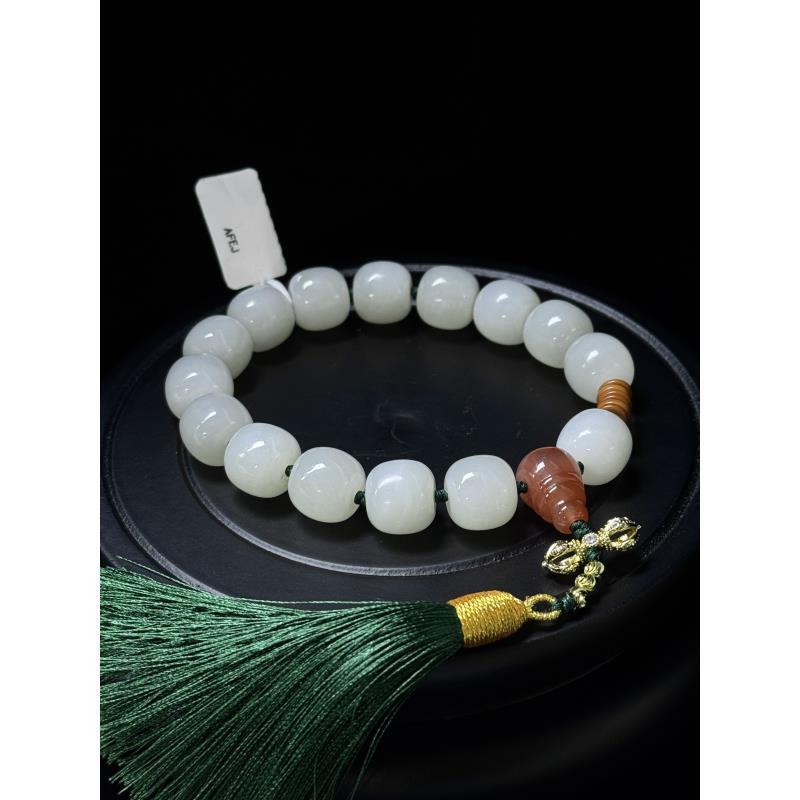 【珐心】和田玉白玉老型珠带流苏