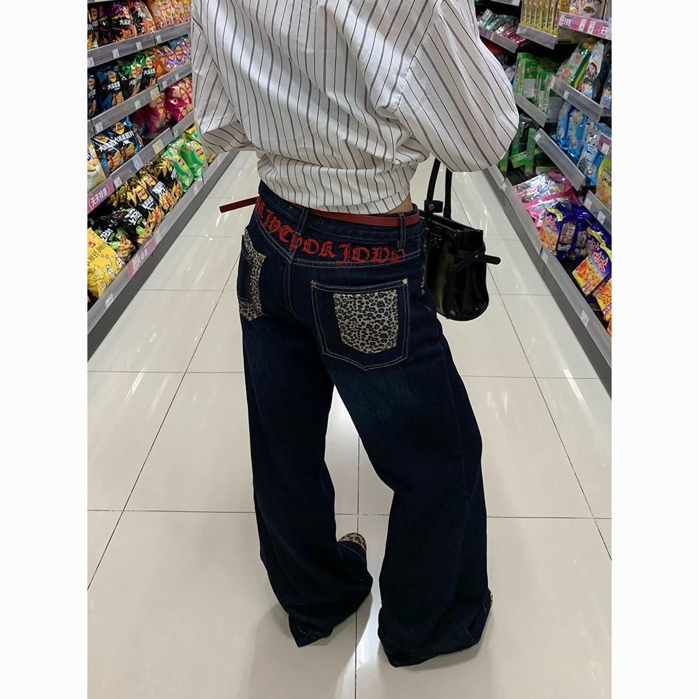 美式复古豹纹字母印花牛仔裤男女阔腿裤拖地裤子