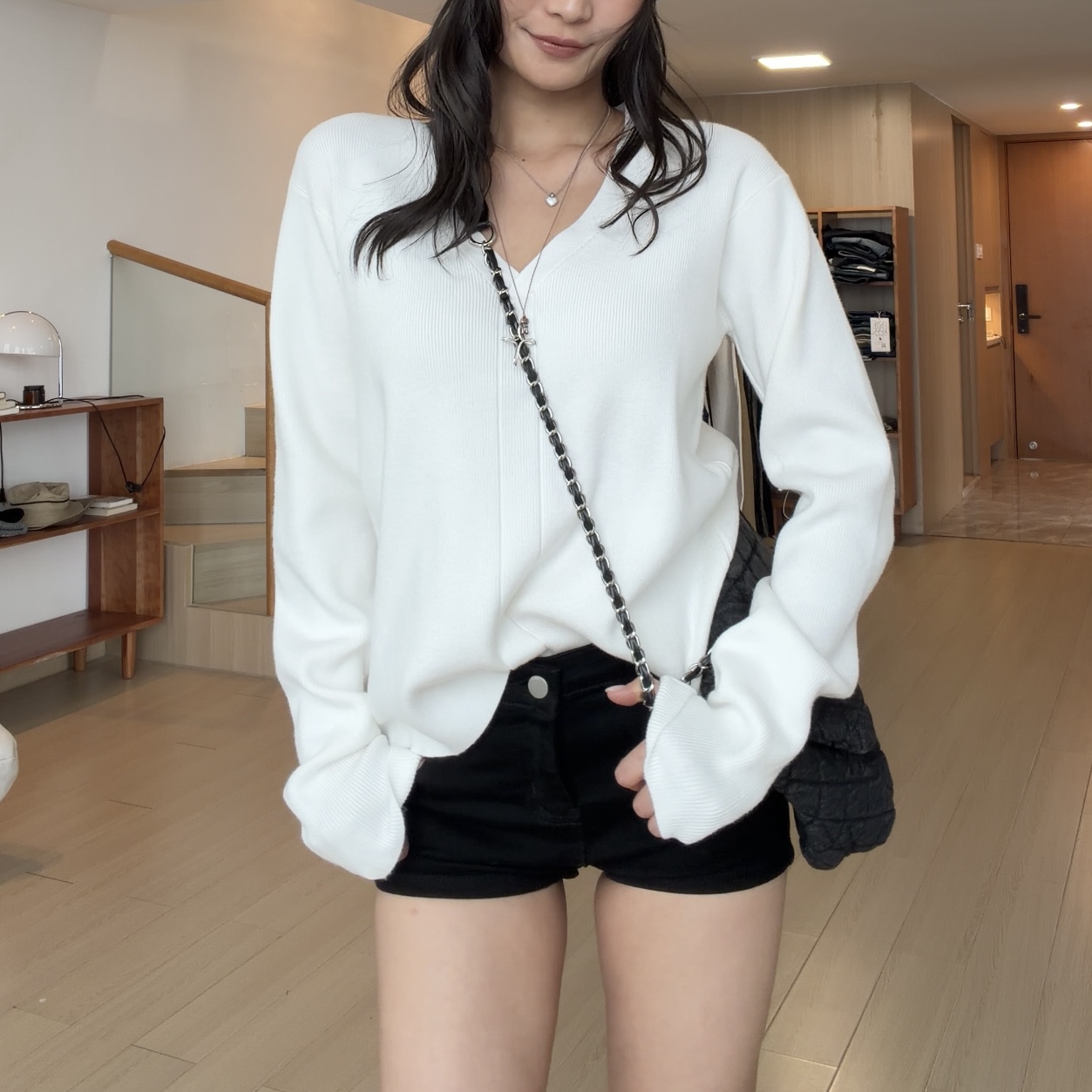 【部分现】简约v领慵懒针织衫上衣女秋季宽松长袖打底毛衣M1674