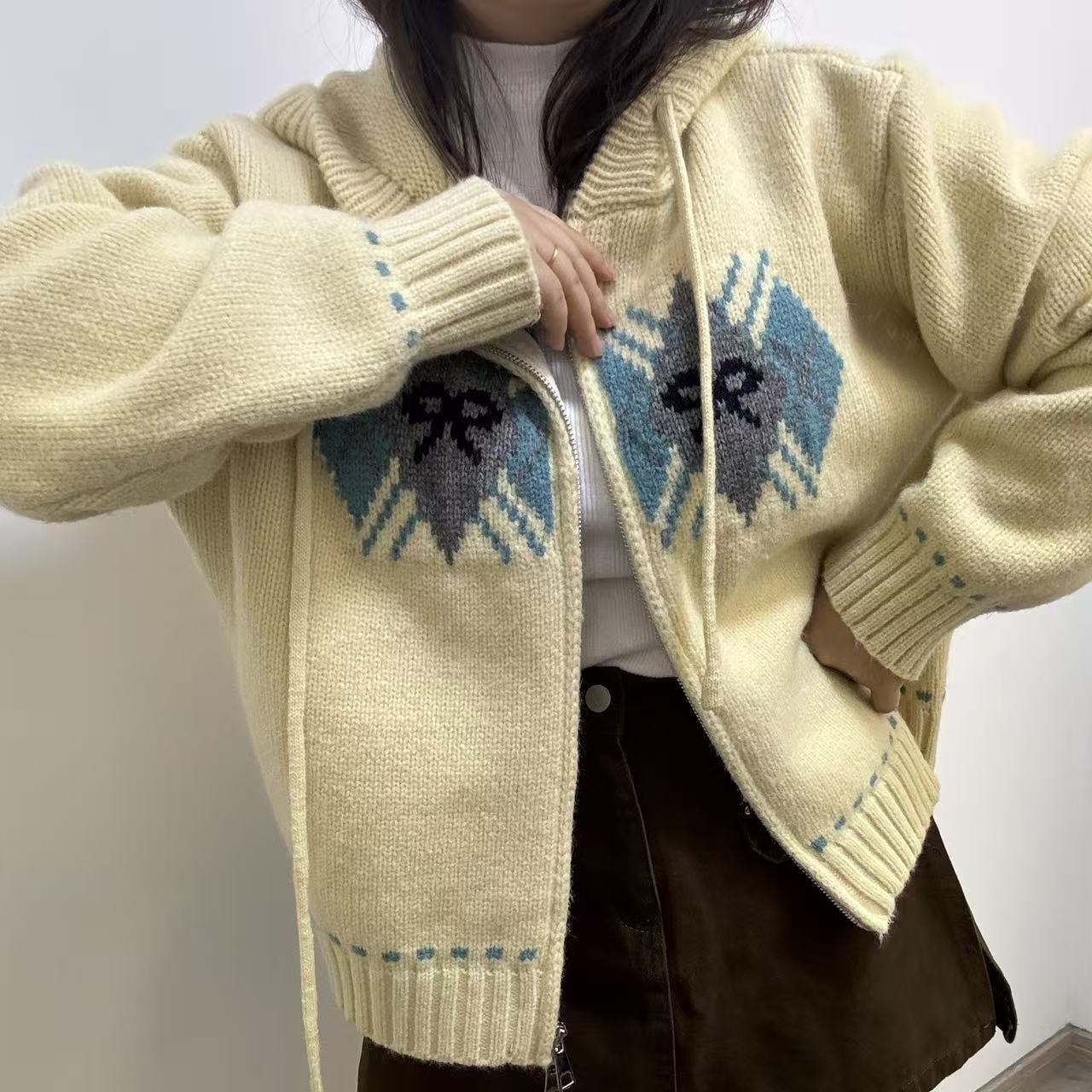 秋冬连帽加厚长袖针织毛衣开衫