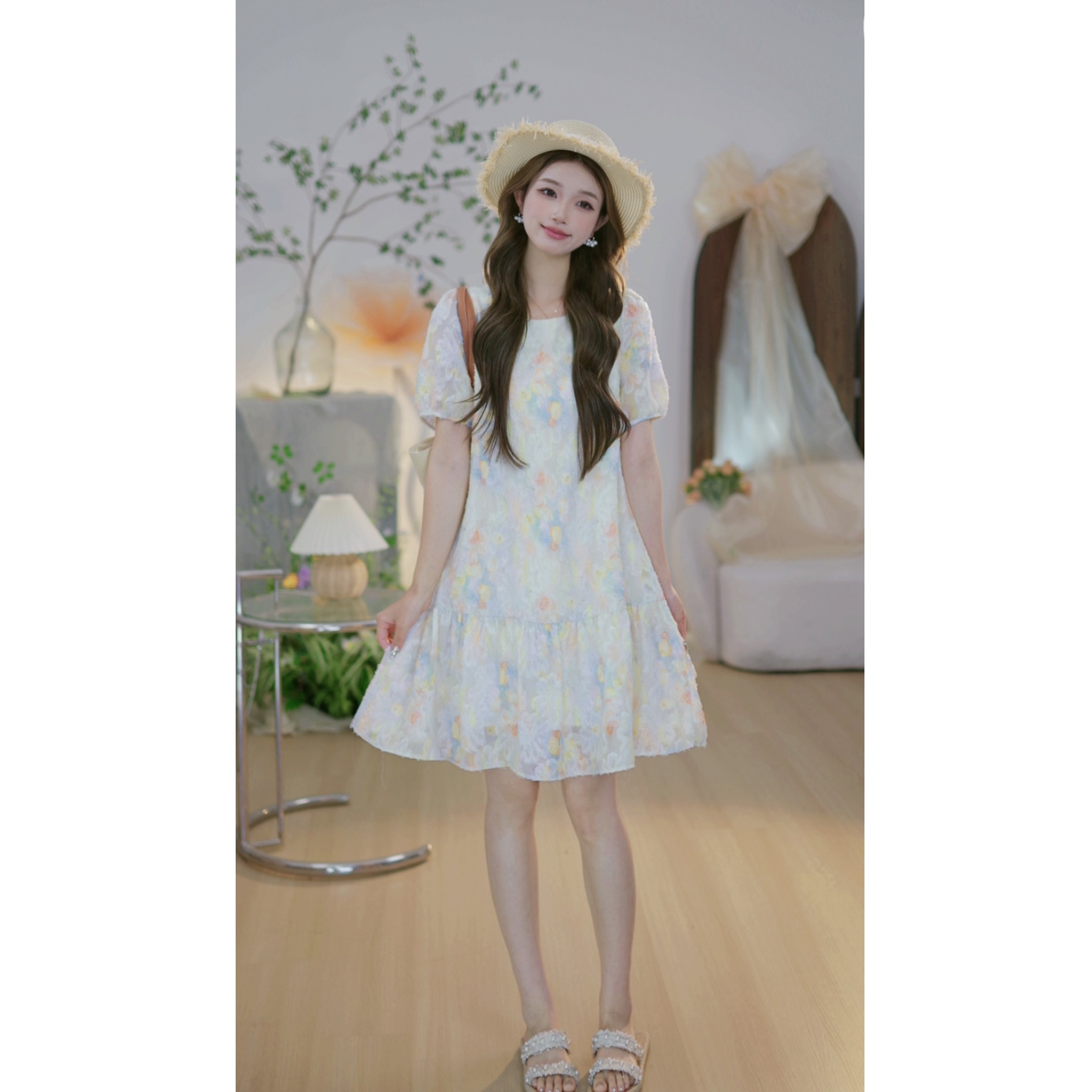 【梦幻仙境U】拼接慵懒风梦幻晕染短袖连衣裙法式显瘦遮肉中长裙