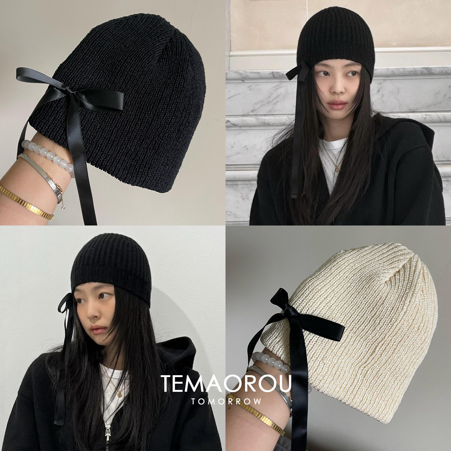 韩版蝴蝶结黑色冷帽ins时尚秋冬毛线帽百搭大头围护耳包头针织帽