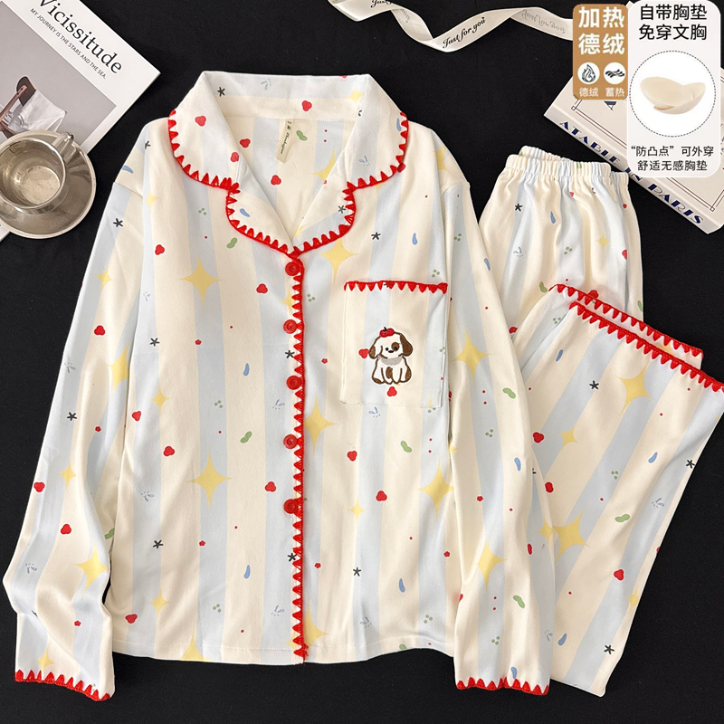 带胸垫德绒睡衣女冬季加厚翻领开衫长袖带胸垫甜美保暖家居服套装