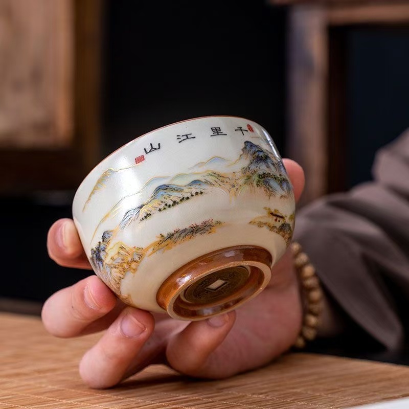 汝窑千里江山铜钱禅定杯主人杯茶杯个人品茗杯-A3