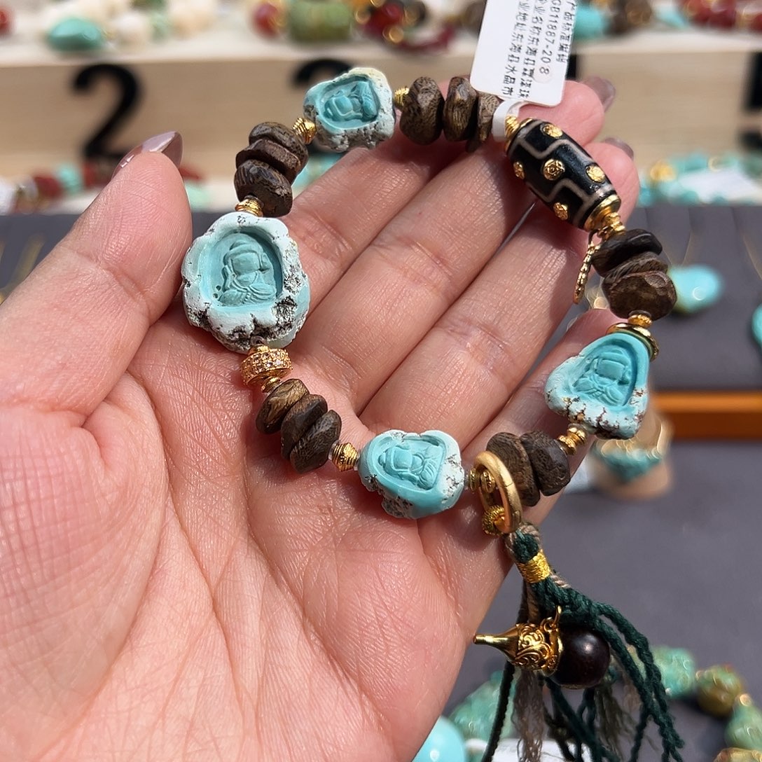 绿松石银S925镀金镶嵌手串原皮无相宝宝佛手串