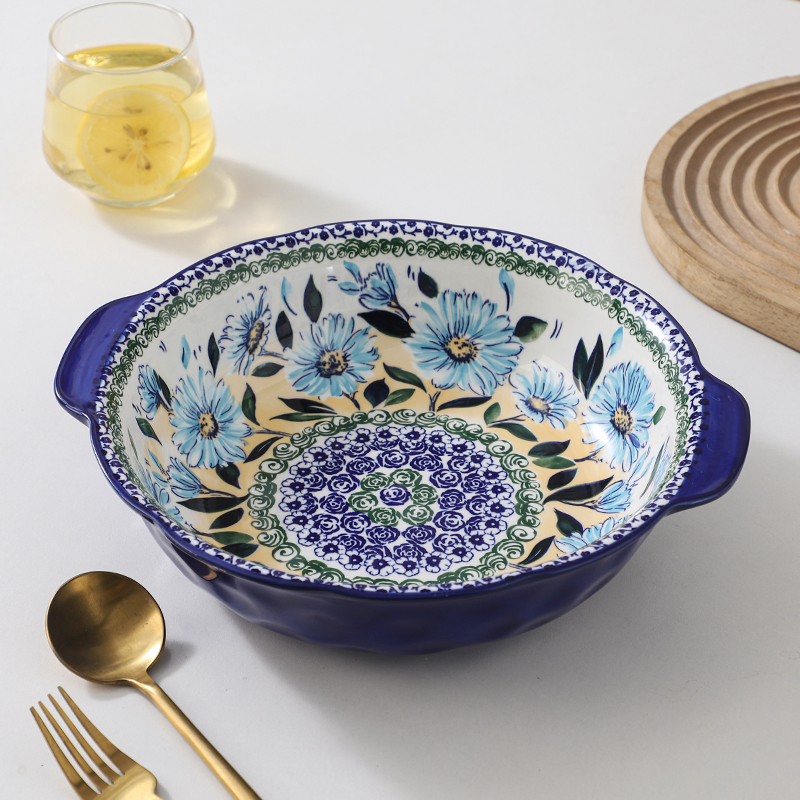 蓝花朵10英寸双耳汤盆釉下彩陶瓷餐具
