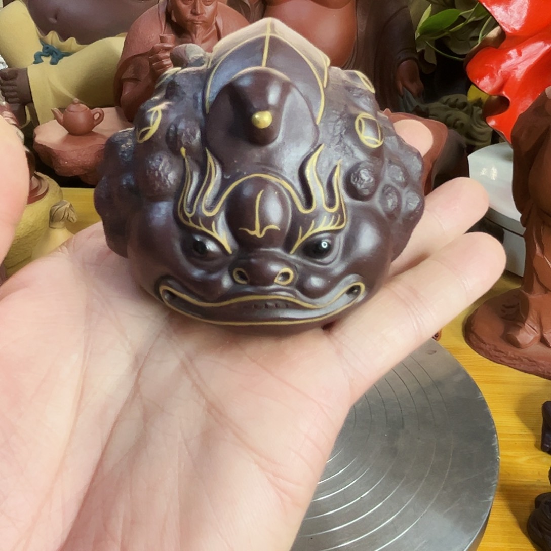 紫砂茶宠H金蟾原矿紫泥描金