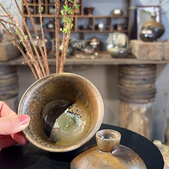 #1930柴烧裸烧窑变蓝彩结晶盖碗