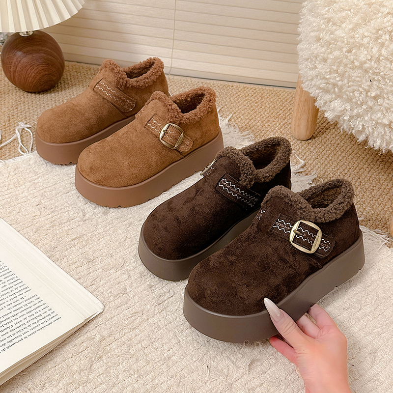 【4.5CM】刺绣秋冬厚底加绒勃肯鞋棉鞋外穿保暖休闲风乐福鞋增高
