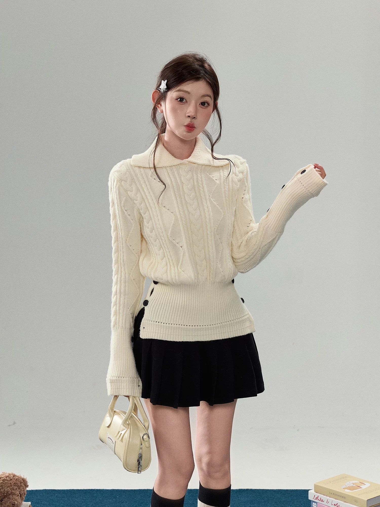 韩系翻领套头麻花毛衣女秋冬季收腰显瘦内搭针织衫上衣